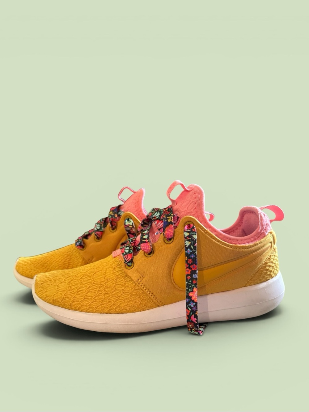 Nike Yellow Sneakers with Pink Collar and Floral Laces - Picture 9 of 11